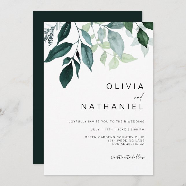 Emerald Greenery Foliage Leaves Botanical Wedding Invitation (Front/Back)