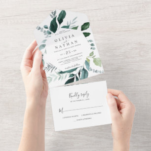 Emerald Greenery Frame Leaves Wedding All In One Invitation
