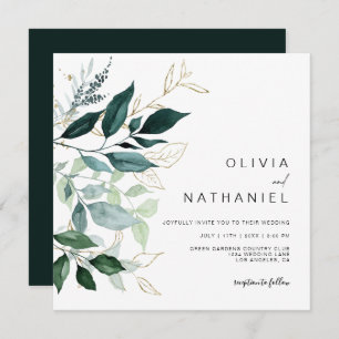 Emerald Greenery Gold Leaf Foliage Wedding Invitation