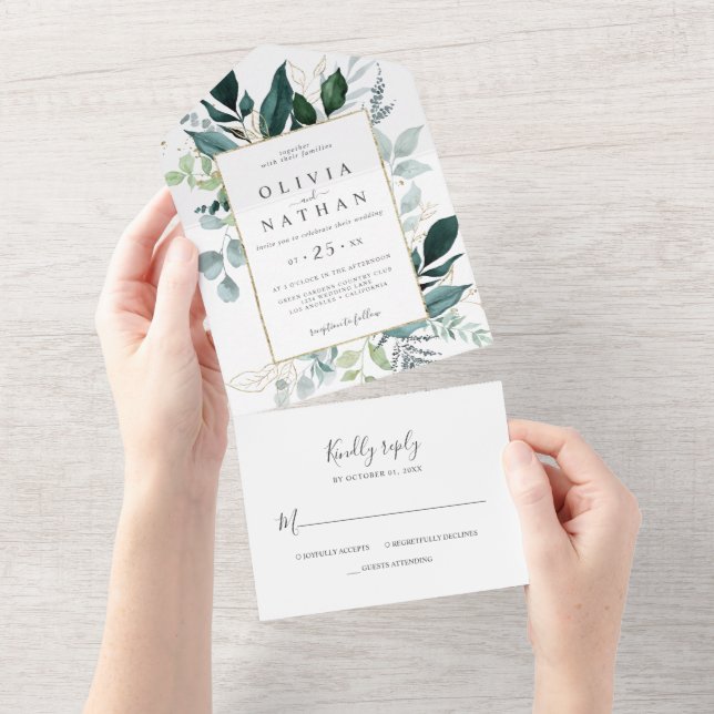 Emerald Greenery | Gold Leaf Wedding All In One All In One Invitation (Tearaway)