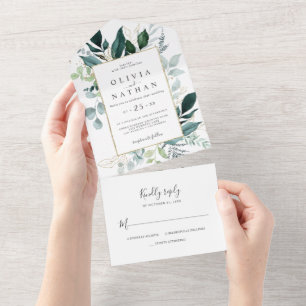 Emerald Greenery   Gold Leaf Wedding All In One All In One Invitation
