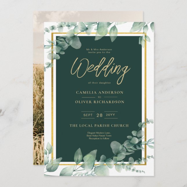 Emerald Greenery Gold PHOTO WEDDING INVITATION (Front/Back)