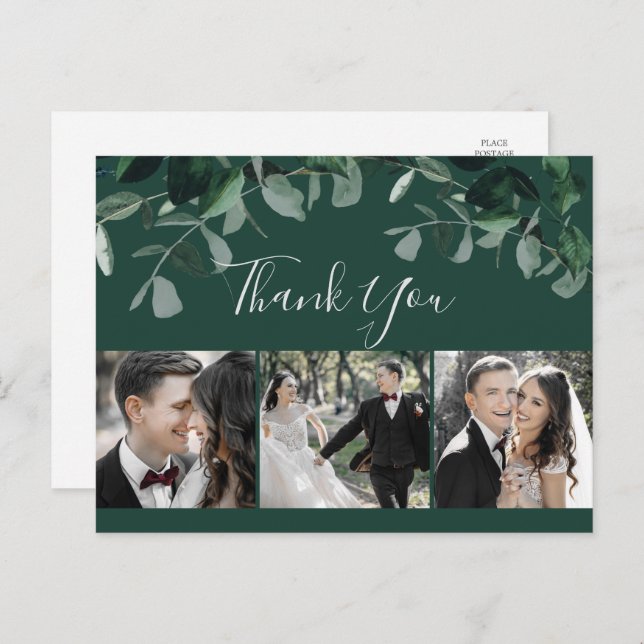 Emerald Greenery Green 3 Photo Thank You Postcard (Front/Back)