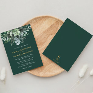 Emerald Greenery Green leaf Gold Monogram Wedding Invitation