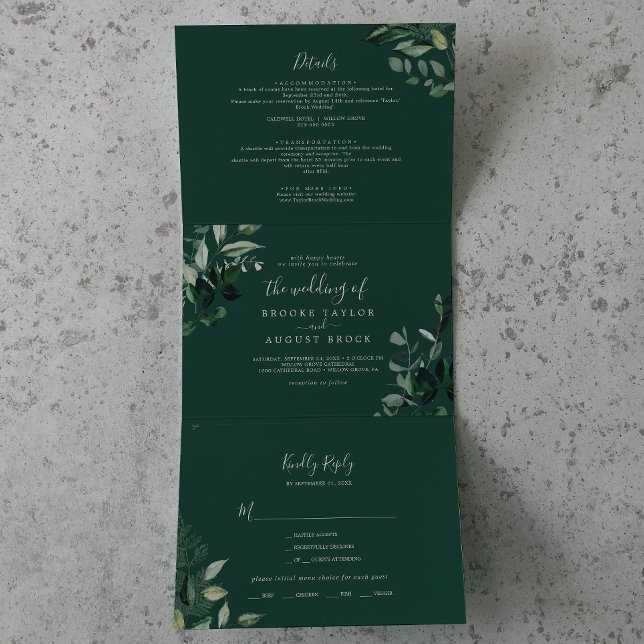 Emerald Greenery | Green Photo Wedding All In One Tri-Fold Invitation (Creator Uploaded)
