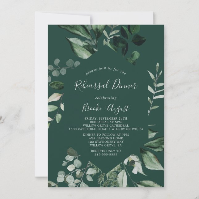 Emerald Greenery | Green Rehearsal Dinner Invitation (Front)
