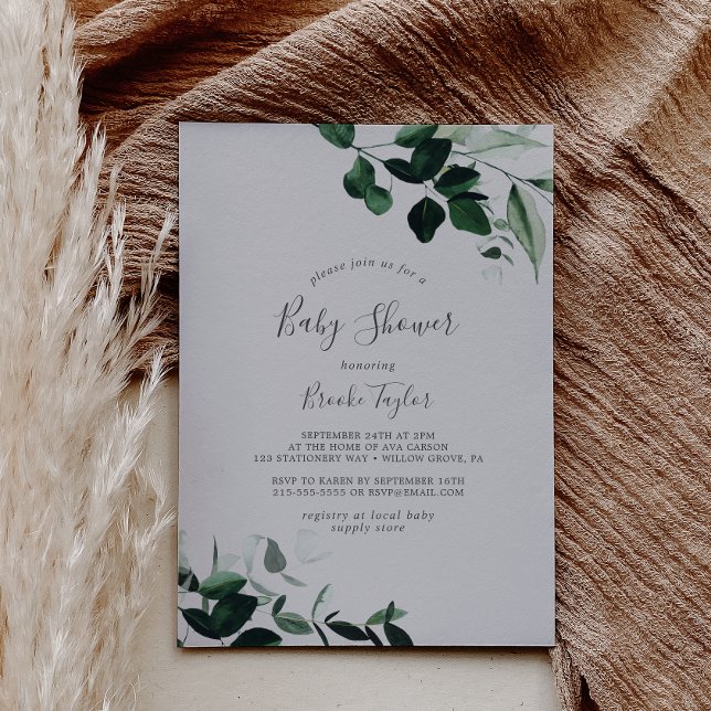 Emerald Greenery | Grey Baby Shower Invitation (Creator Uploaded)
