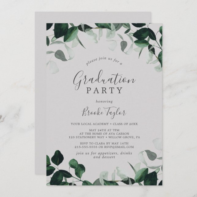 Emerald Greenery | Grey Graduation Party Invitation (Front/Back)