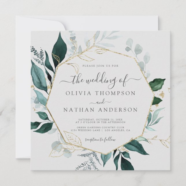 Emerald Greenery Grey Square Gold Leaf Wedding  Invitation (Front)