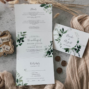 Emerald Greenery   Leaf Back Wedding All In One Tri-Fold Invitation