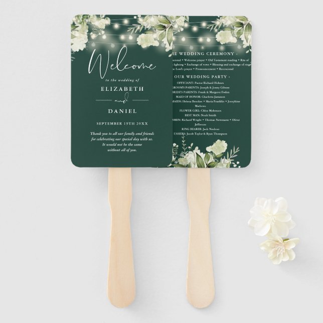 Emerald Greenery Lights Wedding Program Heart Hand Fan (Front and Back)