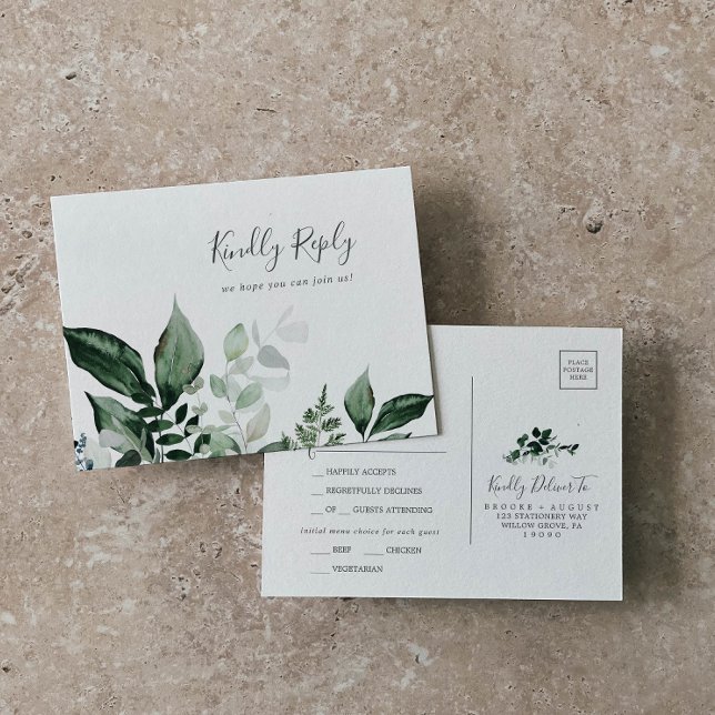 Emerald Greenery Menu Choice Wedding RSVP Postcard (Creator Uploaded)