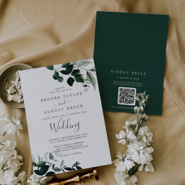 Emerald Greenery Moody Leaves QR Code RSVP Wedding Invitation (Emerald Greenery Moody Leaves QR Code RSVP Wedding Invitation)