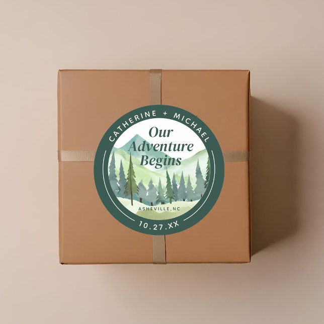 Emerald Greenery Mountain Pine Rustic Wedding Classic Round Sticker (Creator Uploaded)
