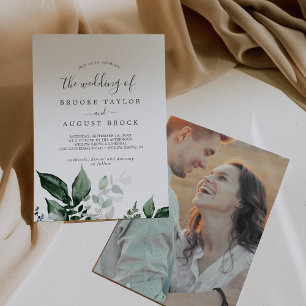 Emerald Greenery Photo on the Back Wedding Invitation