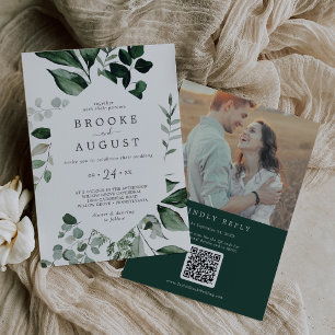 Emerald Greenery Photo QR Code Back Wedding Invitation