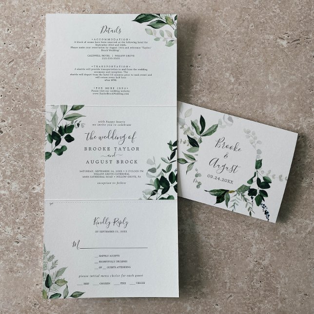 Emerald Greenery Photo Wedding All In One Tri-Fold Invitation (Creator Uploaded)