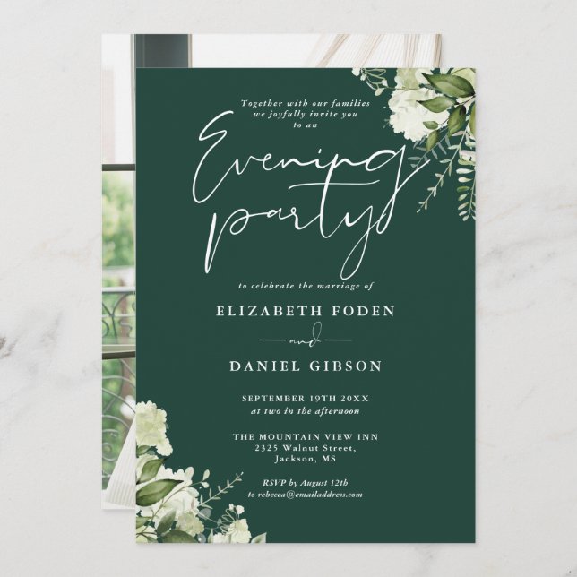 Emerald Greenery Photo Wedding Evening Party Invitation (Front/Back)