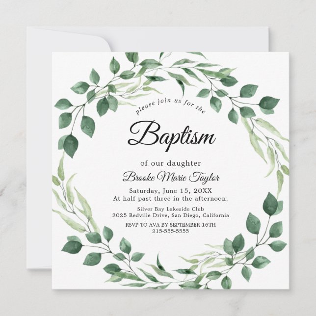 Emerald Greenery Square Baptism Invitation (Front)
