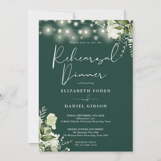 Emerald Greenery String Lights Rehearsal Dinner Invitation (Front)
