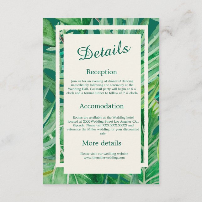 emerald greenery tropical wedding enclosure card (Front)
