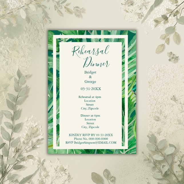 emerald greenery tropical wedding rehearsal invitation (Creator Uploaded)