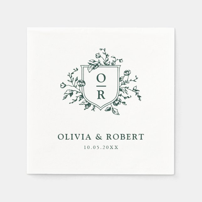 Emerald Greenery Vintage Botanical Floral  Wedding Napkin (Front)