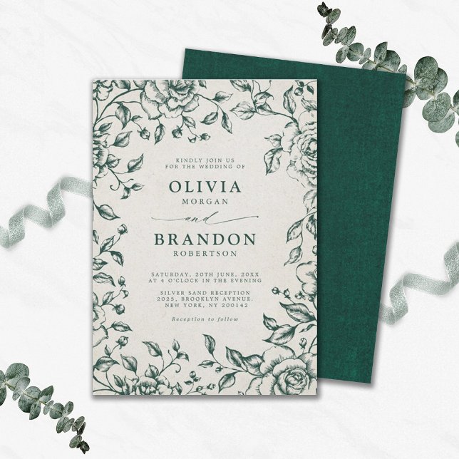 Emerald Greenery Vintage Botanical Simple Wedding Invitation (Emerald greenery vintage botanical wedding)