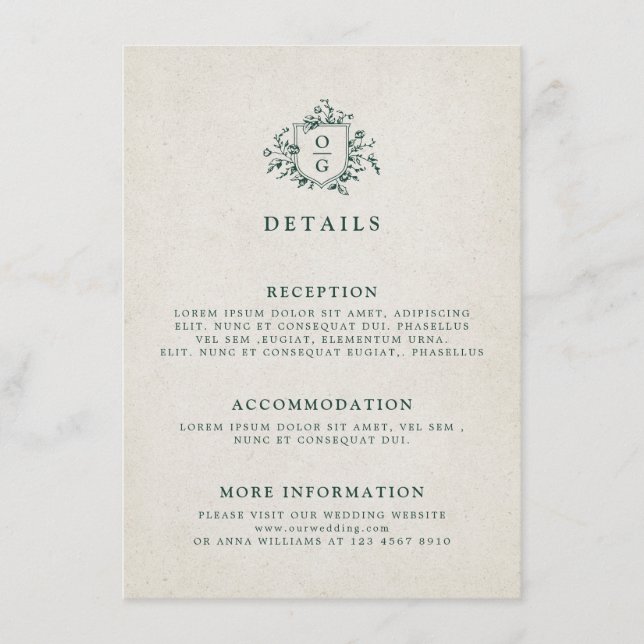 Emerald Greenery Vintage Botanical Wedding Details Enclosure Card (Front)