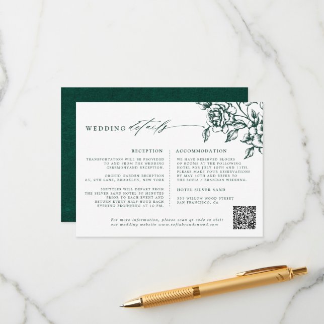 Emerald Greenery Vintage Botanical Wedding Details Enclosure Card (Front/Back In Situ)
