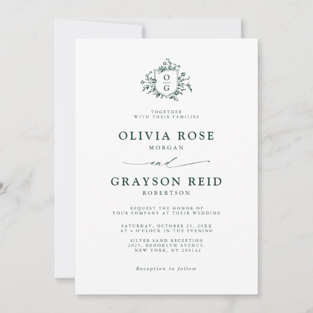 Emerald Greenery Vintage Botanical Wedding Invitation (Front)