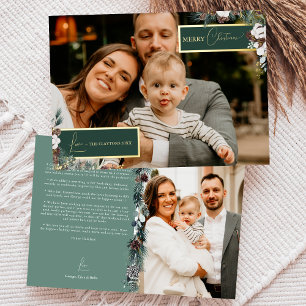 Emerald Greenery Vintage Family Newsletter Photo Foil Holiday Card