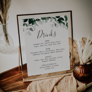 Emerald Greenery Wedding Drinks Menu Sign