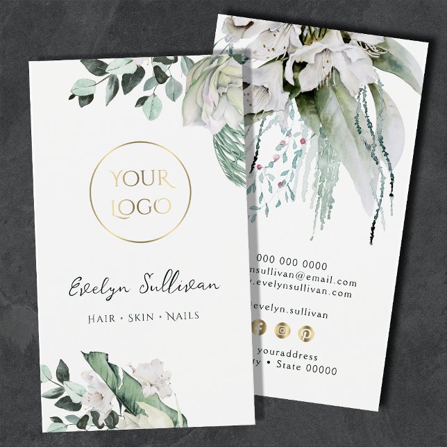 emerald greenery white flowers logo business card (Creator Uploaded)