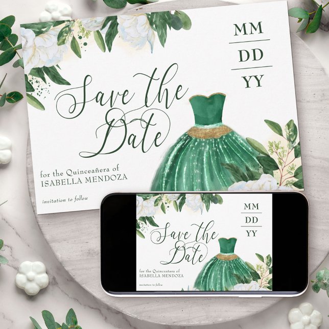 Emerald Greenery White Peony Quinceanera Princess Save The Date (Save the Date with Princess Dress from my Emerald Greenery and White Peony Collection)