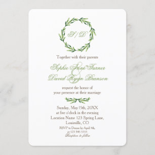 Emerald Greenery Wreath Monogram Wedding Invitation