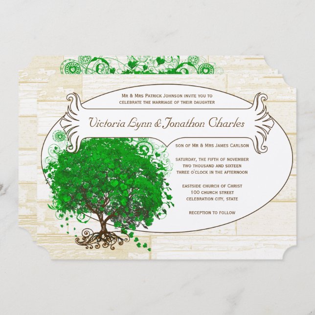 Emerald Heart Leaf Tree Barn Wood Wedding Invitation (Front/Back)