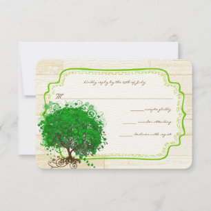 Emerald Heart Leaf Tree Barn Wood Wedding RSVP Card