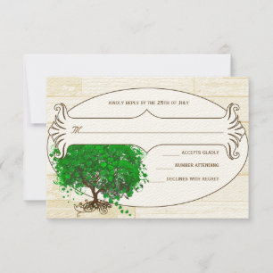 Emerald Heart Leaf Tree Barn Wood Wedding RSVP Card