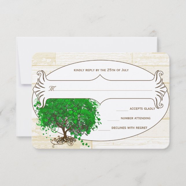 Emerald Heart Leaf Tree Barn Wood Wedding RSVP Card (Front)