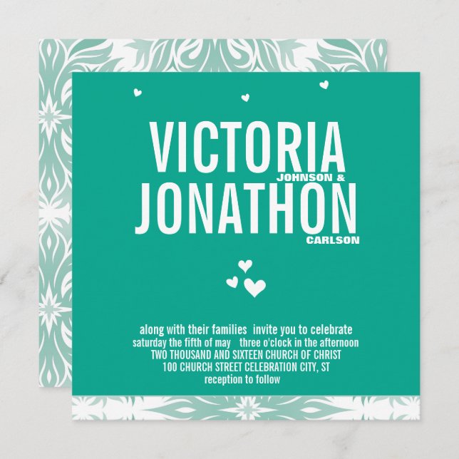 Emerald Heart Modern Floral Typography Wedding Invitation (Front/Back)