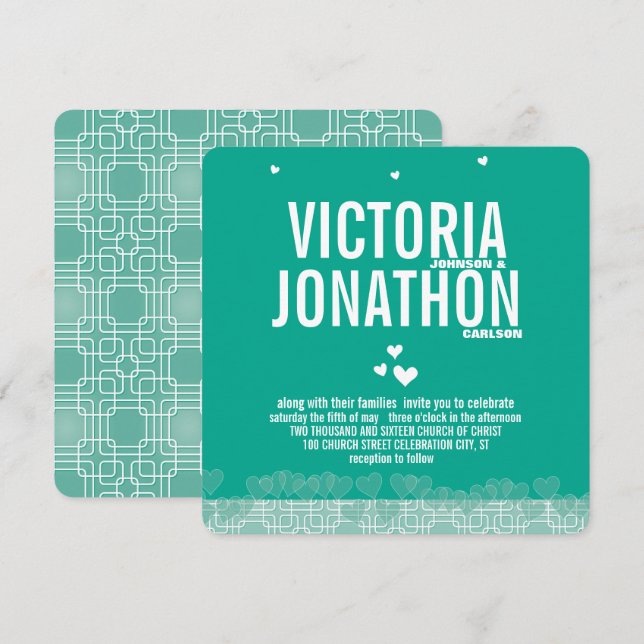 Emerald Heart Modern Floral Typography Wedding Invitation (Front/Back)
