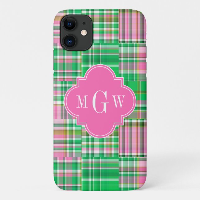 Emerald Hot Pink Preppy Patchwork Madras Monogram Case-Mate iPhone Case (Back)