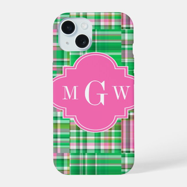Emerald Hot Pink Preppy Patchwork Madras Monogram iPhone 15 Case (Back)