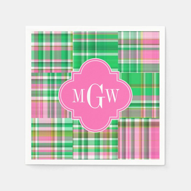 Emerald Hot Pink Preppy Patchwork Madras Monogram Napkin (Front)