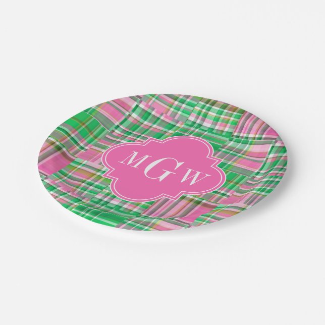 Emerald Hot Pink Preppy Patchwork Madras Monogram Paper Plate (Angled)
