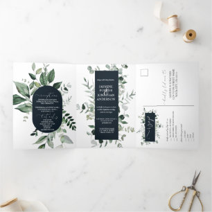 Emerald Hues Botanical Greenery with Navy Wedding Tri-Fold Invitation