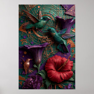 Emerald Hummingbird Paradise Relief - 3D Copper  Poster