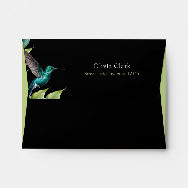 Emerald Hummingbird Tropical Leaves Wedding Envelope (Back (Top Flap))