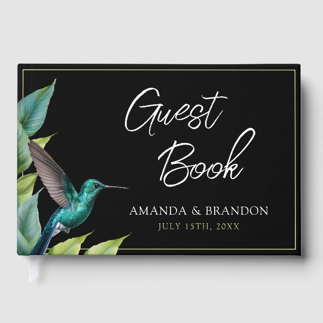 Emerald Hummingbird Tropical Leaves Wedding Guest Book (Front)
